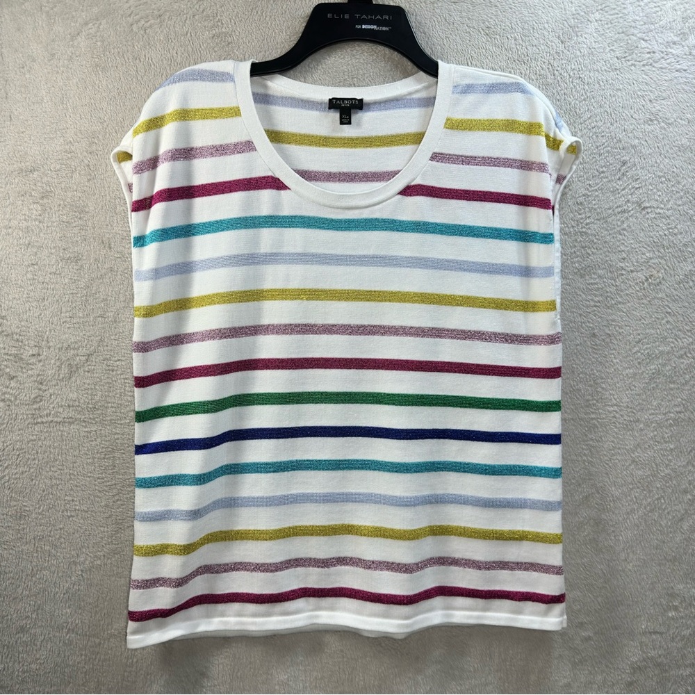 Talbots White & Rainbow Metallic Striped Knit Sleeveless Sweater Top Women’s XLP